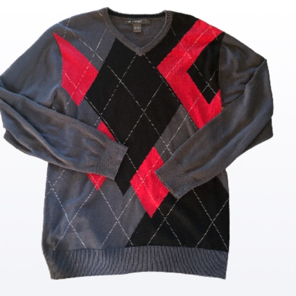 Argyle men’s sweater red black and grey. V neck size large